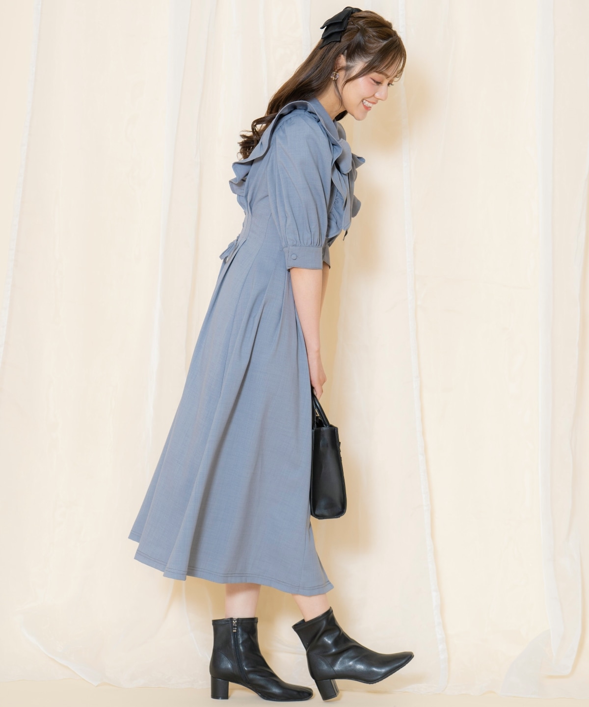 タックウエストフリルシャツワンピース