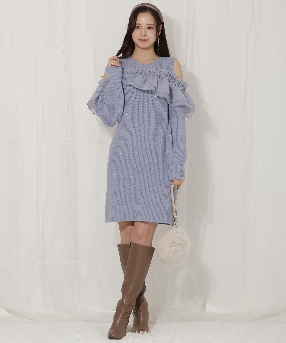 バックリボンオフショルニットワンピース