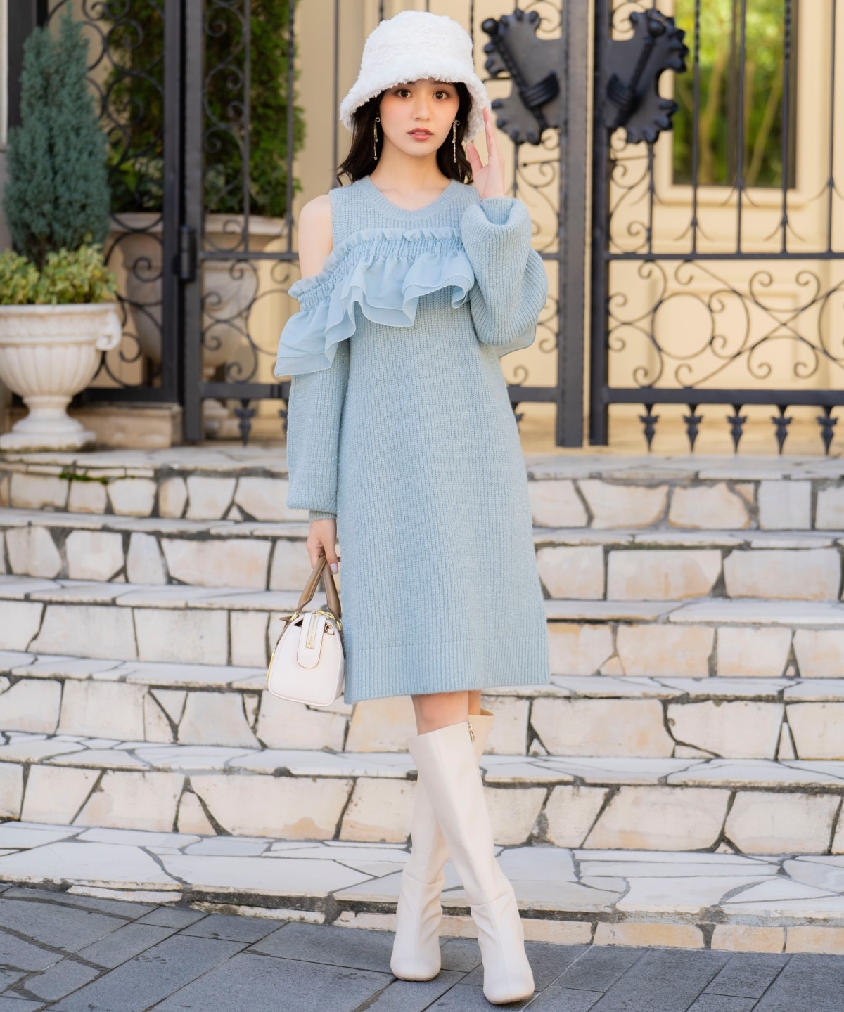 バックリボンオフショルニットワンピース