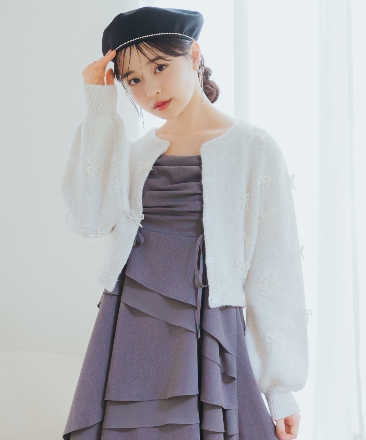 リボンパーツ付きカーディガン