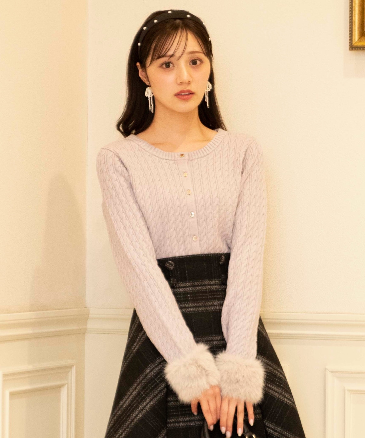 ファーカフスケーブルカーディガン