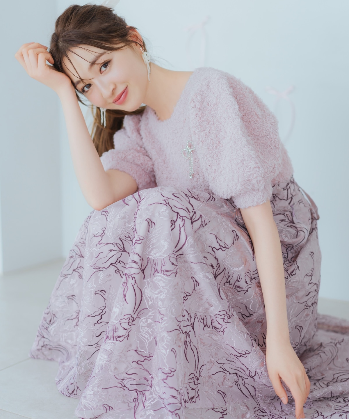 リボンブローチ付きテディヤーンニット