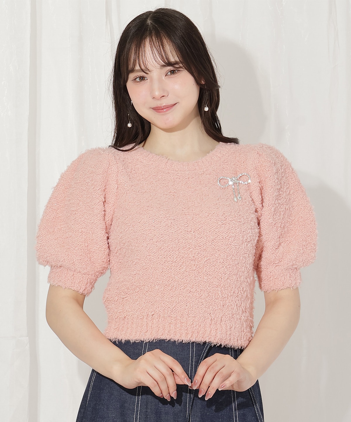 リボンブローチ付きテディヤーンニット