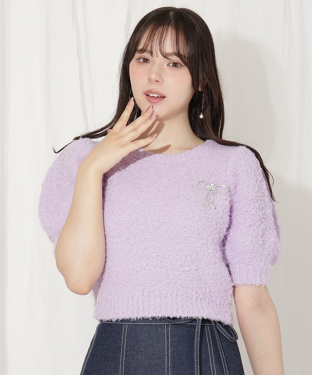 リボンブローチ付きテディヤーンニット