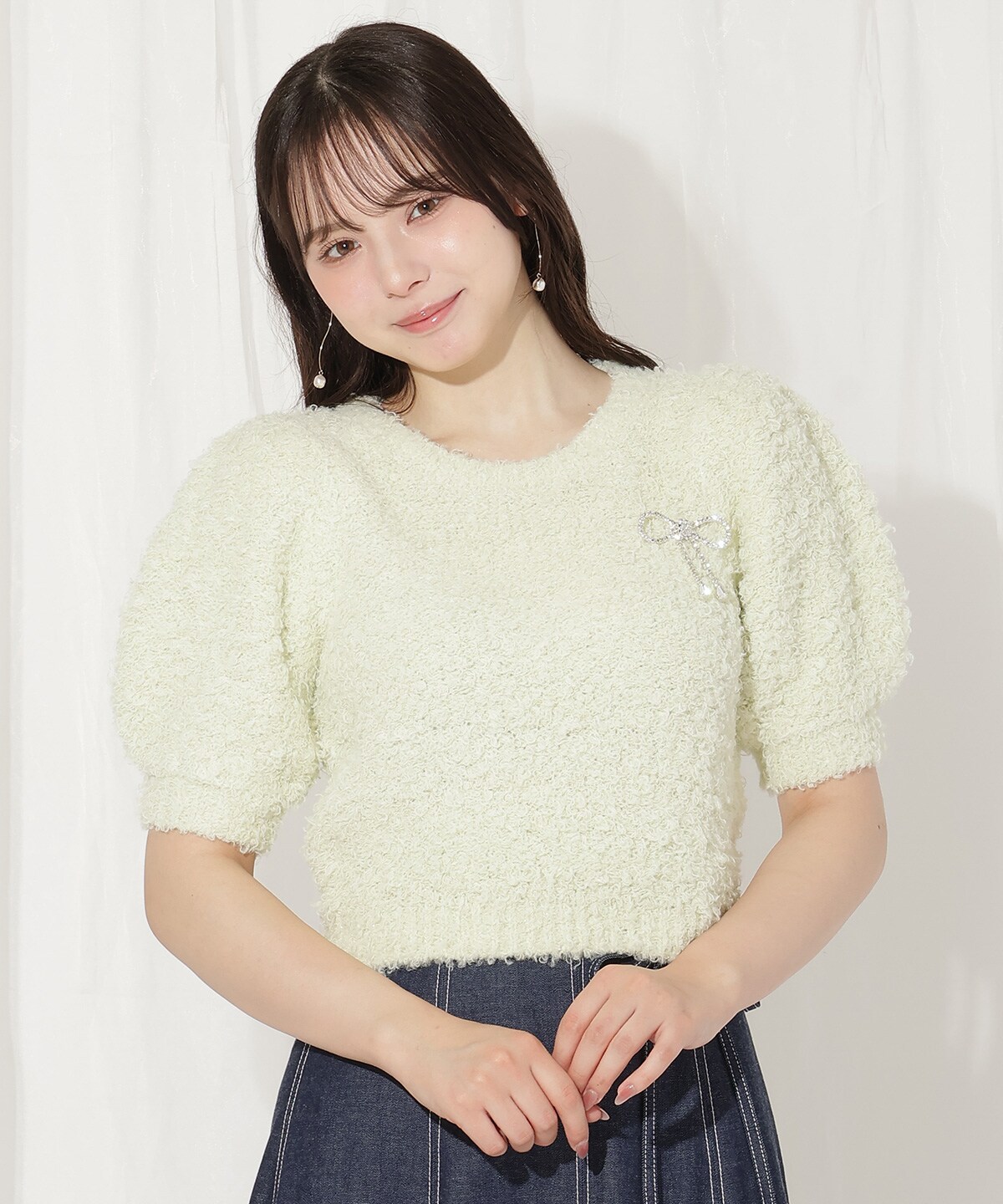 リボンブローチ付きテディヤーンニット