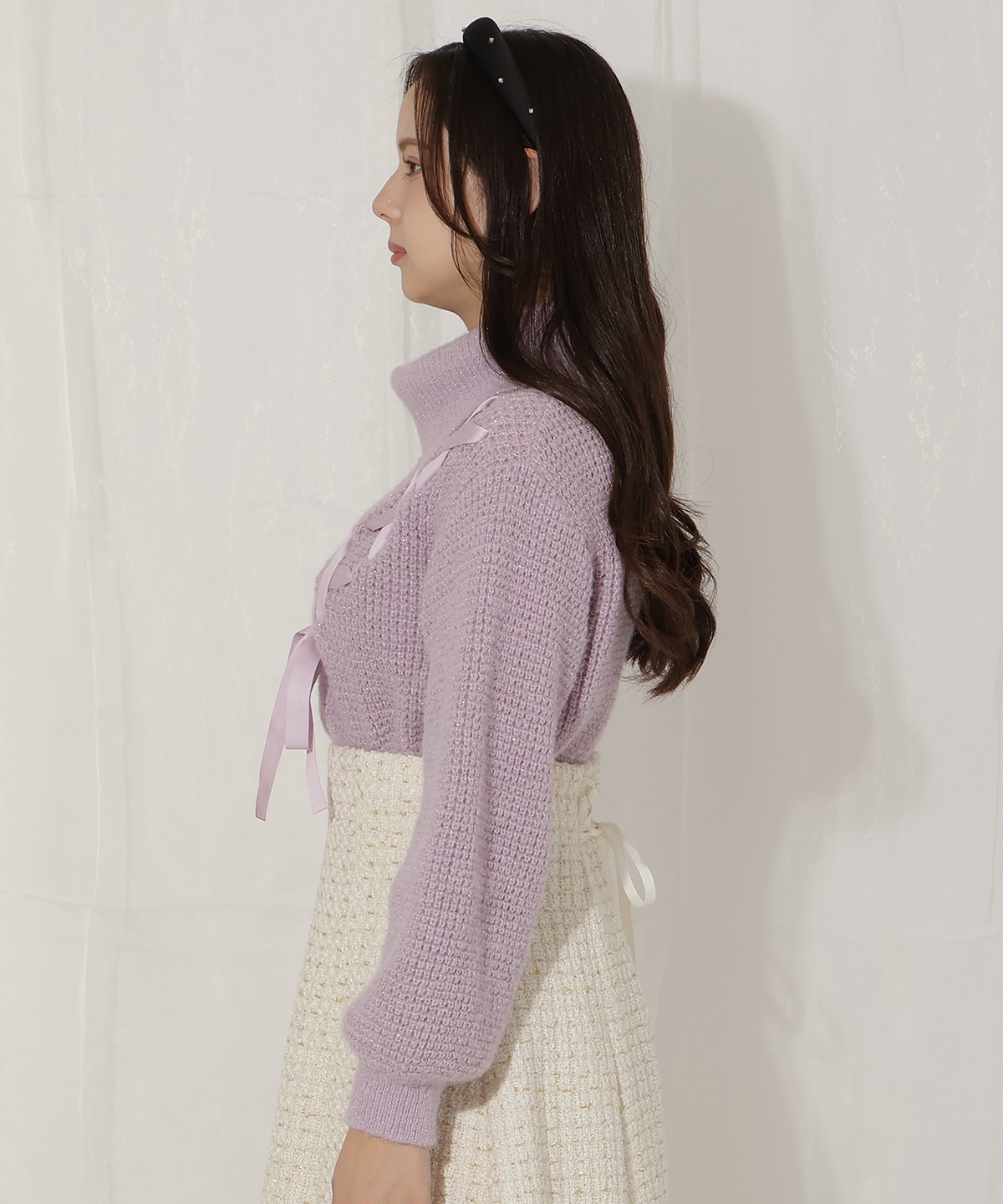 レースアップタートルニット