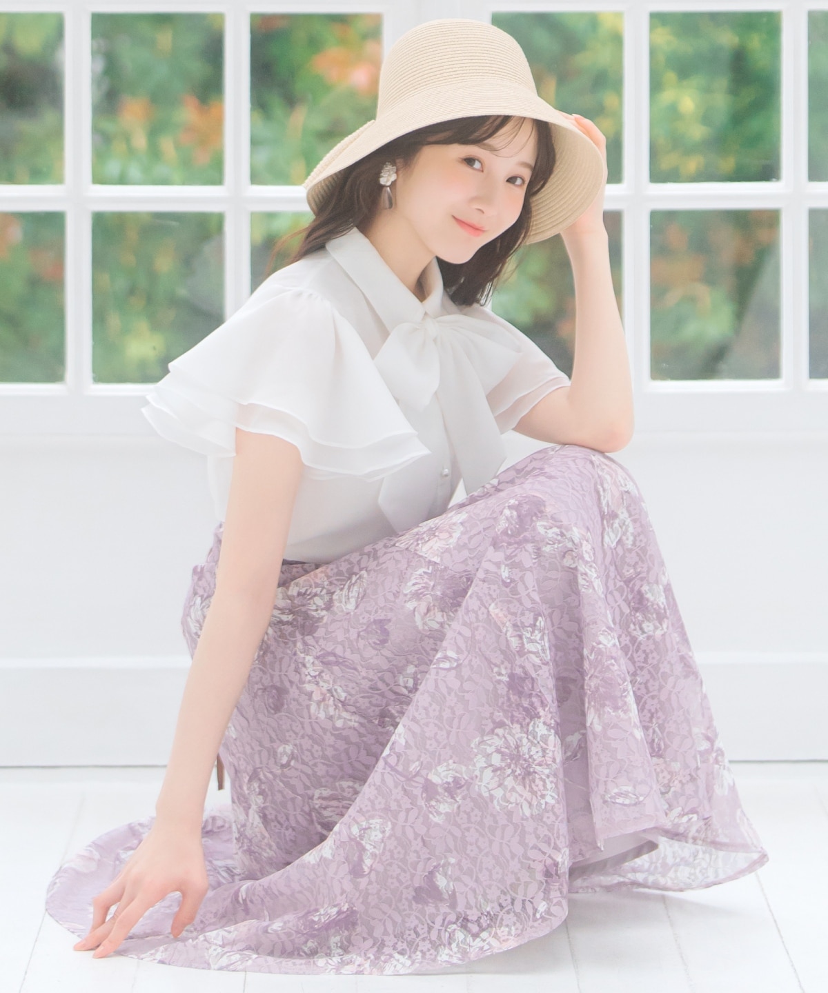 フレアスリーブリボンタイブラウス