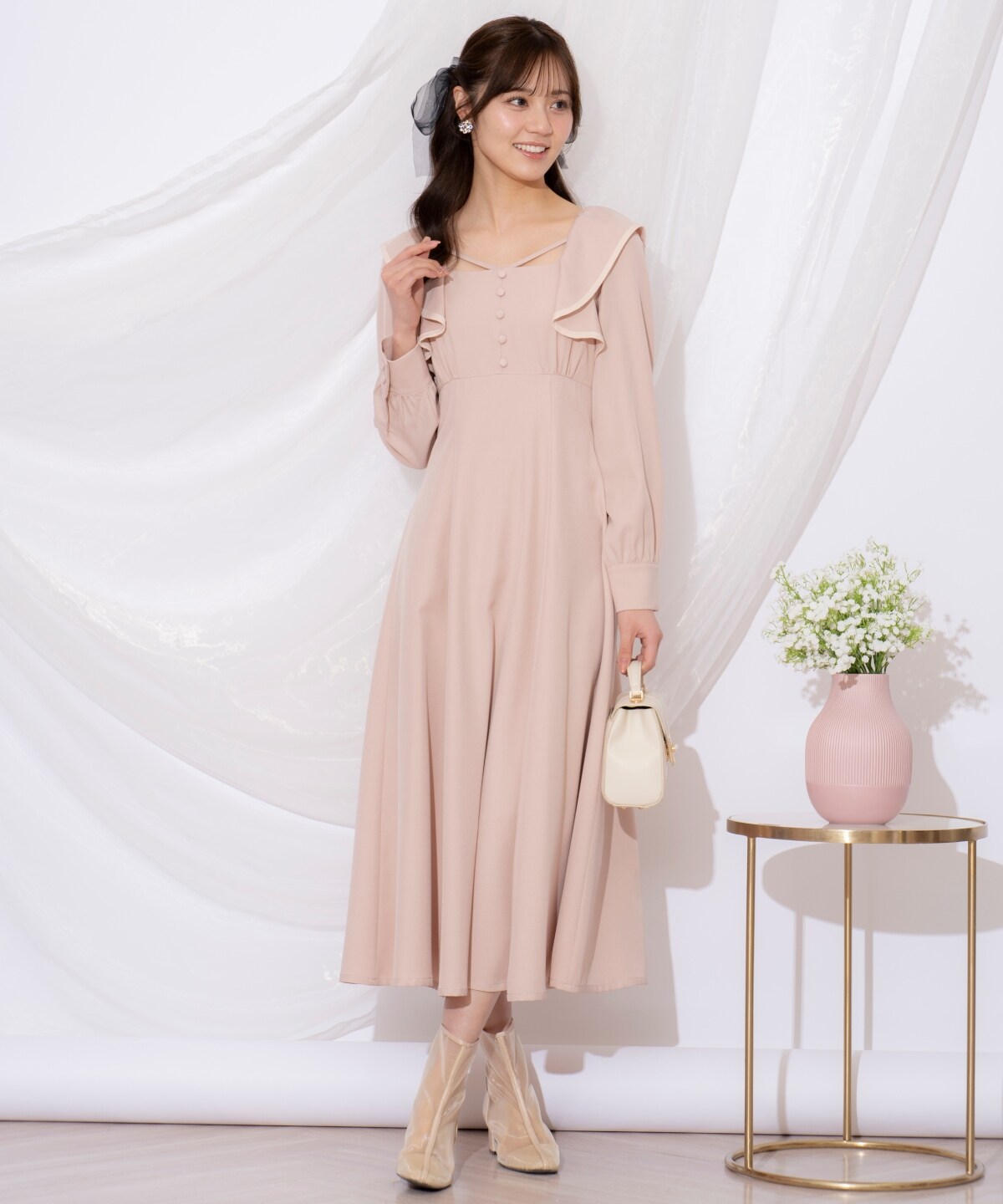 配色パイピングフリルワンピース