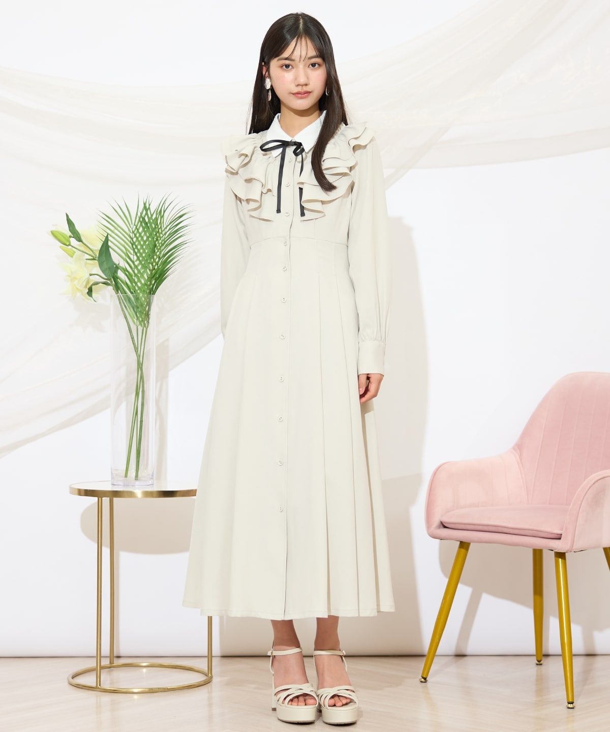 配色襟ダブルフリルシャツワンピース