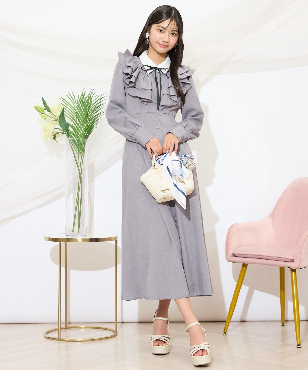 配色襟ダブルフリルシャツワンピース