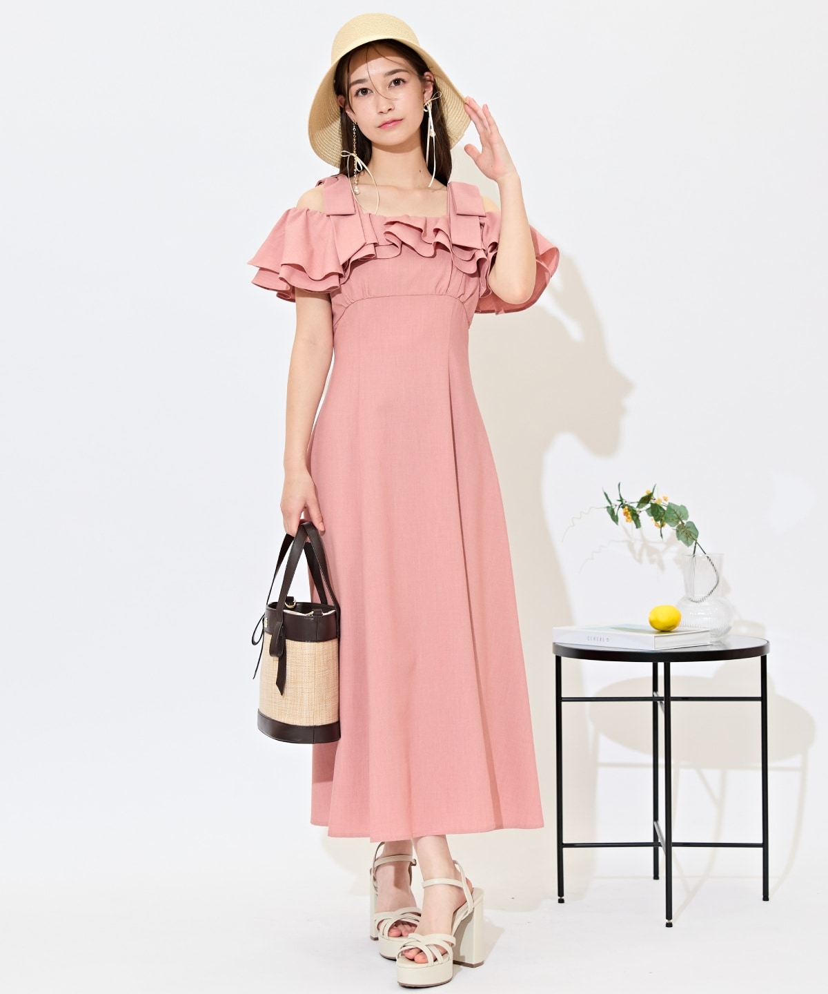 ショルダーリボンラッフルワンピース