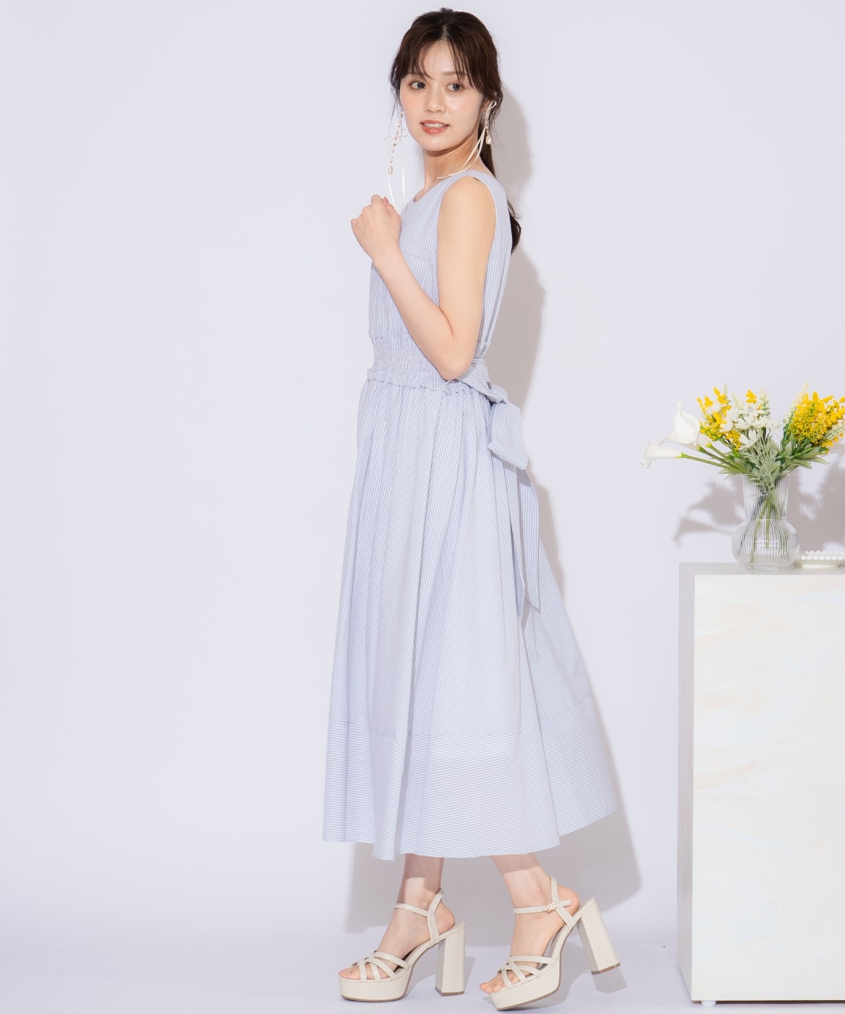 ウエストシャーリングストライプワンピース