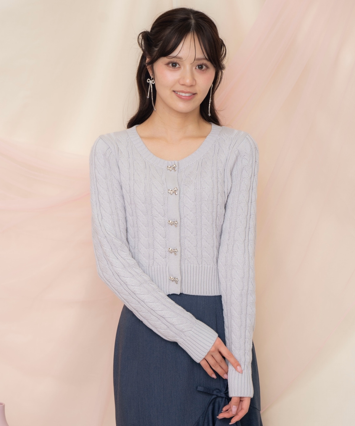 ビジューリボンケーブルカーディガン