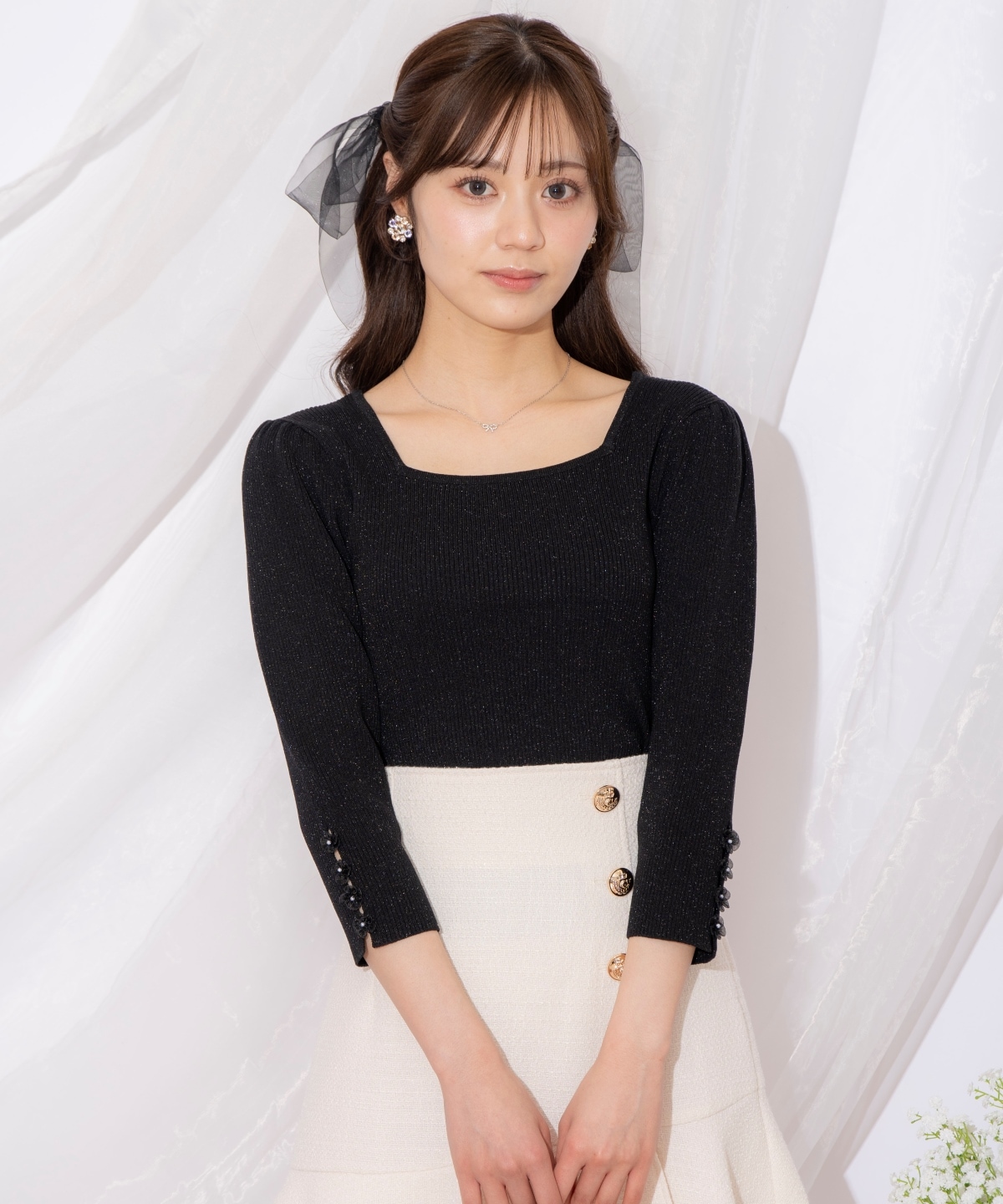 袖フラワーラメ7分袖ニットプルオーバー