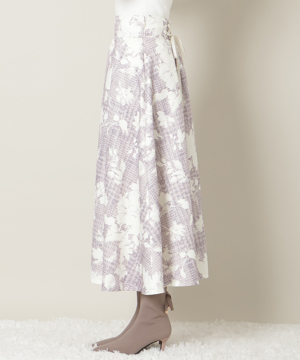 千鳥フラワープリントボリュームタックスカート