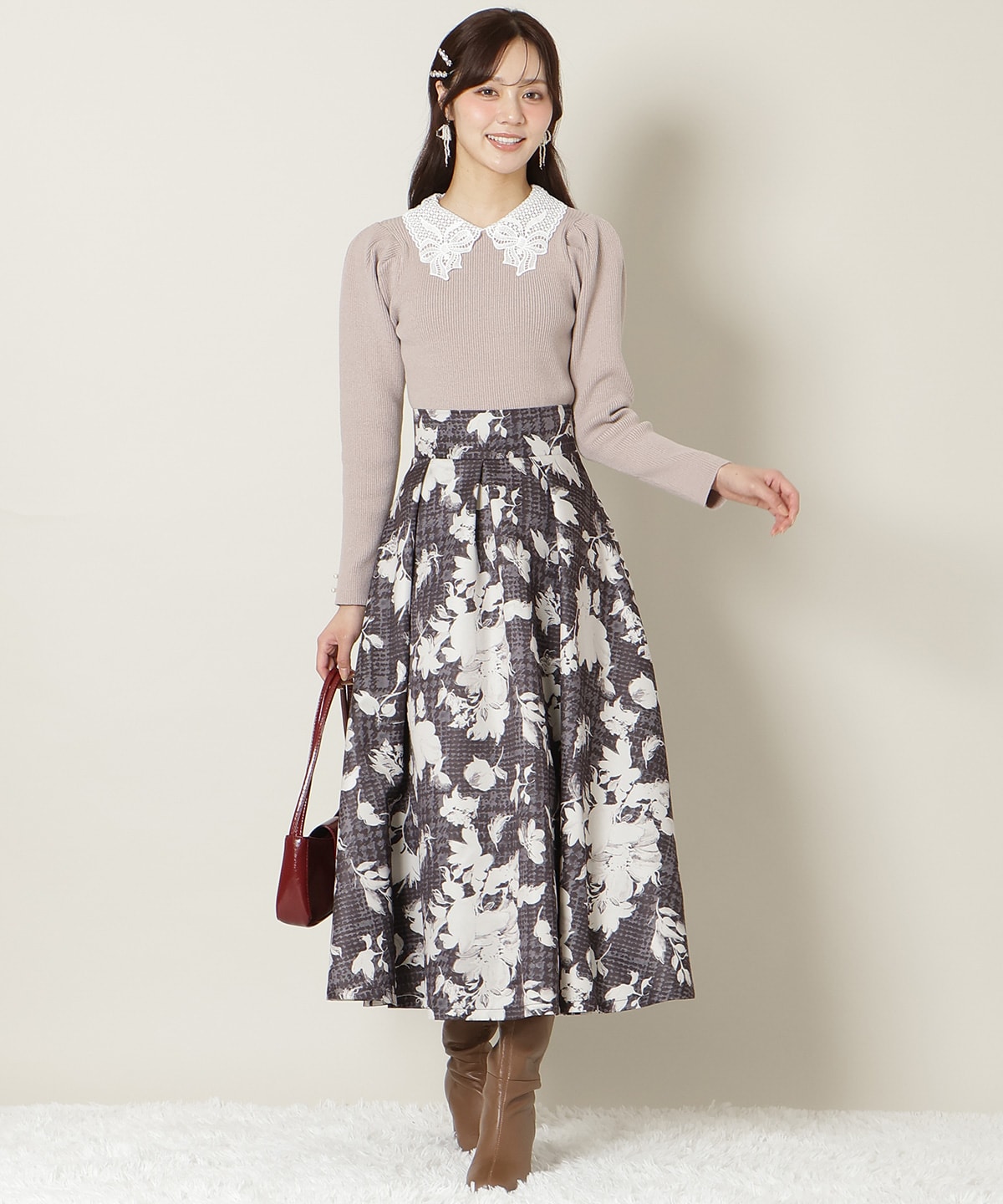 千鳥フラワープリントボリュームタックスカート