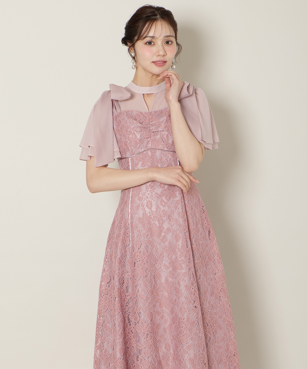 肩リボンパイピングレースワンピース