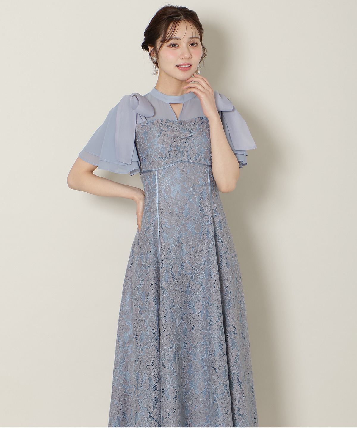 肩リボンパイピングレースワンピース