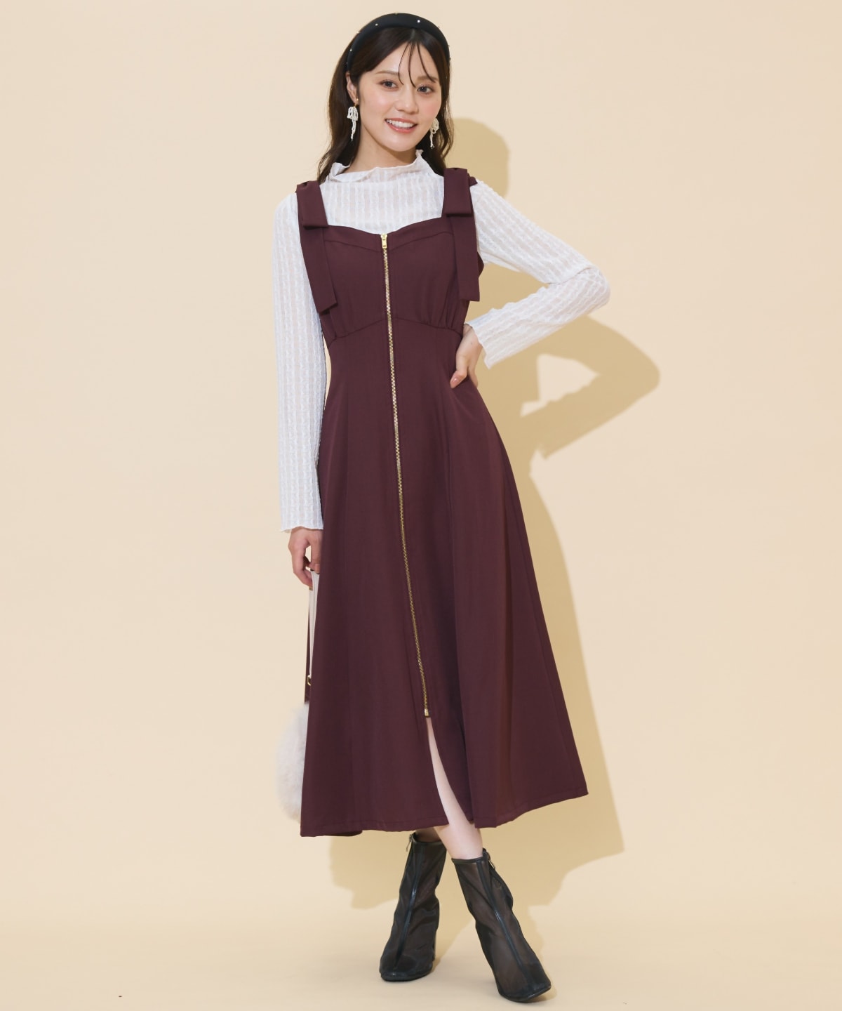 ショルダーリボンフロントZIPワンピース