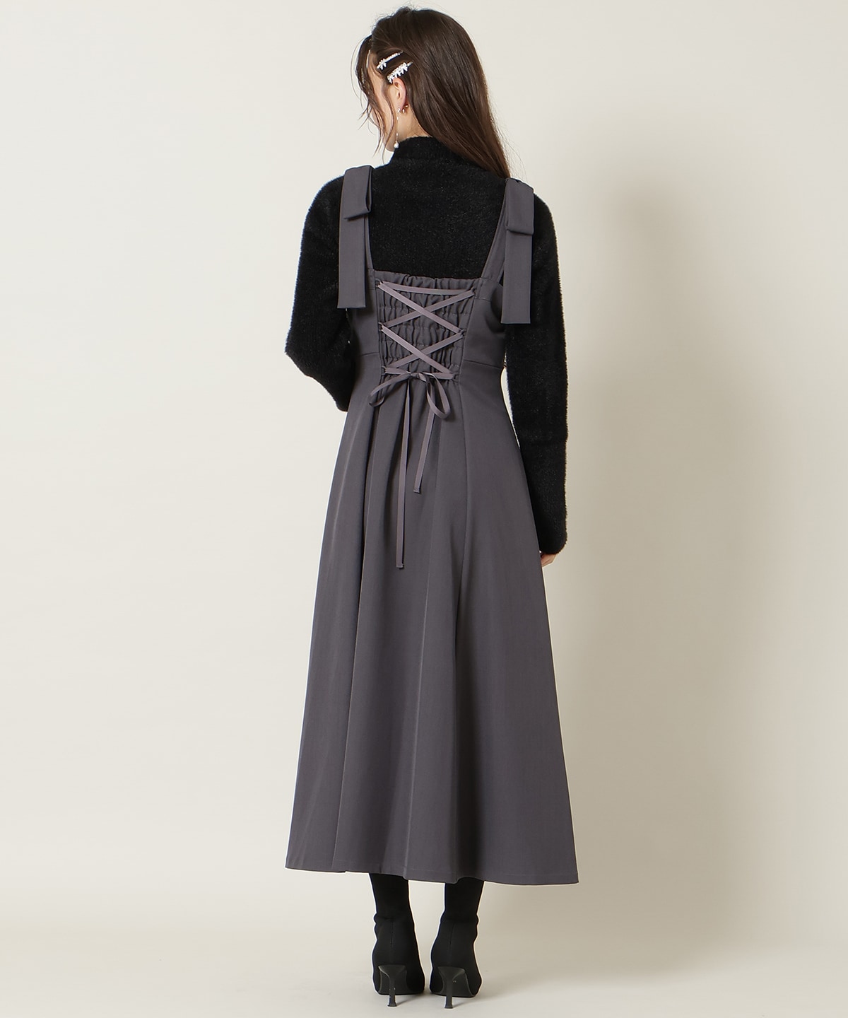 ショルダーリボンフロントZIPワンピース