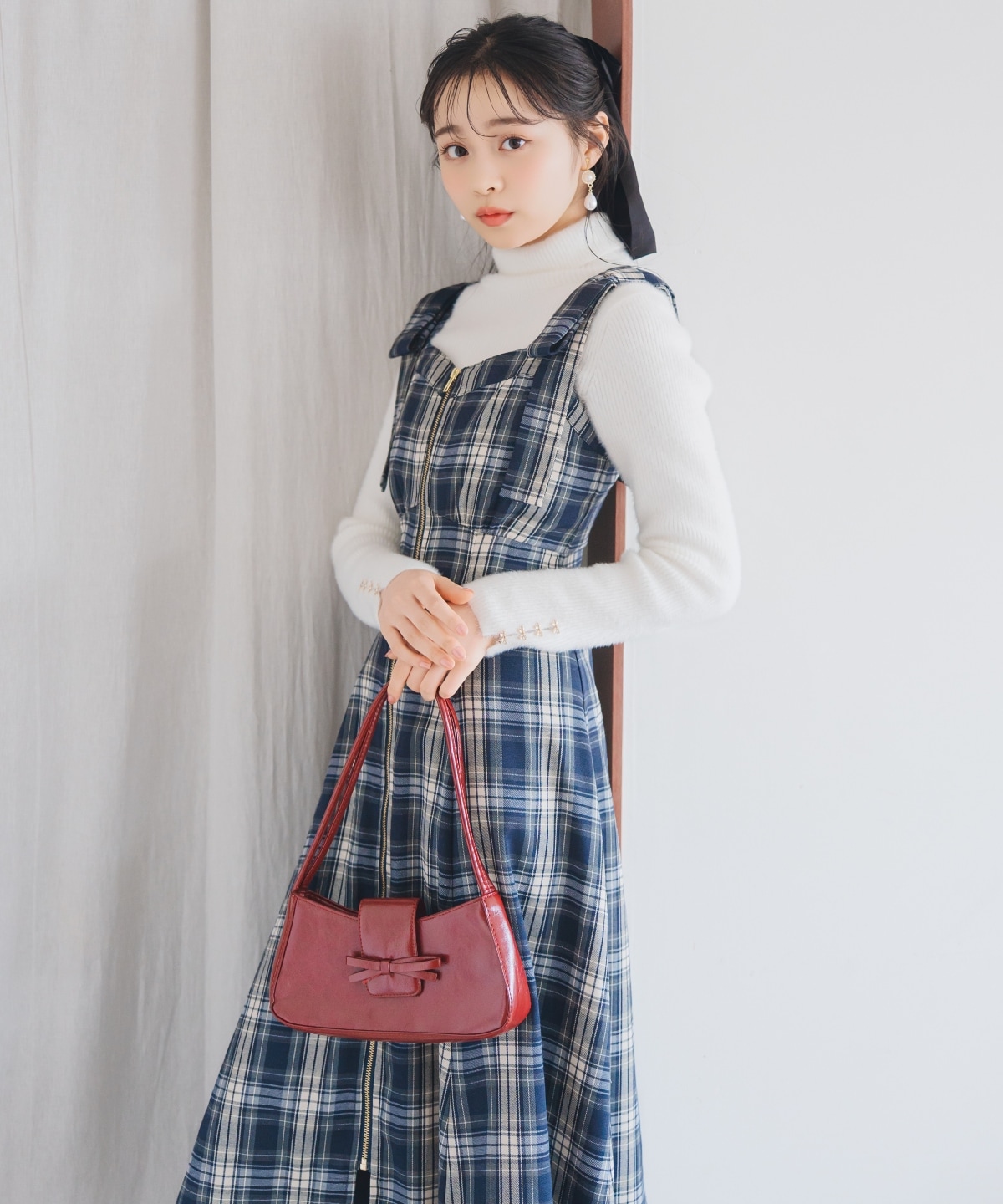 【新色追加】ショルダーリボンフロントZIPワンピース