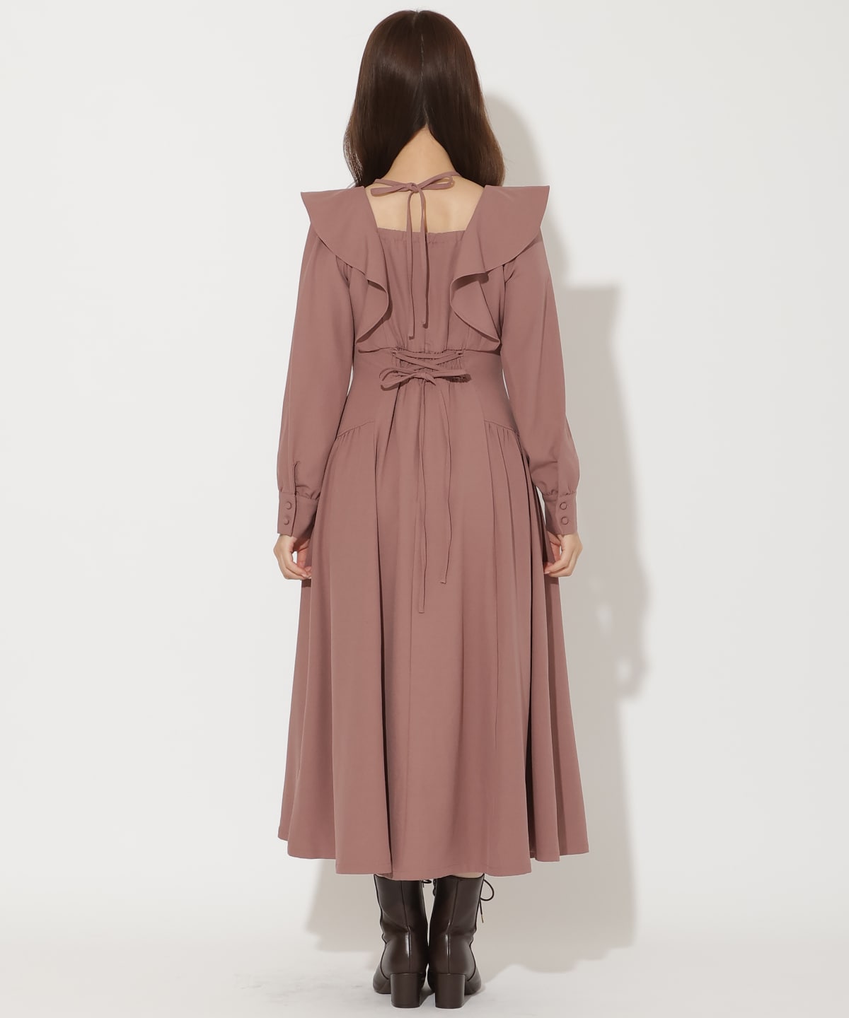 ネックリボンギャザー切り替えワンピース