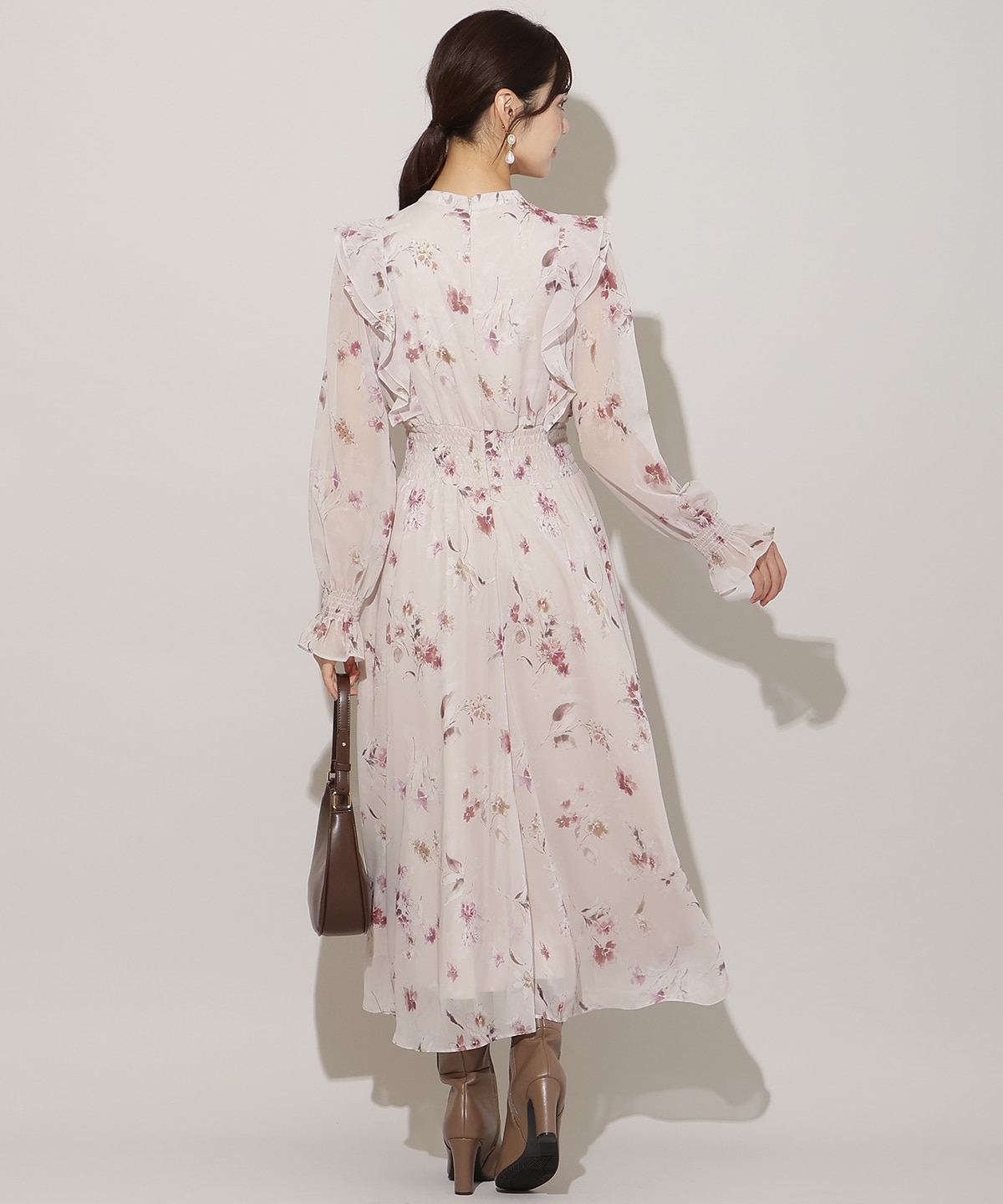 フラワープリントウエストシャーリングワンピース