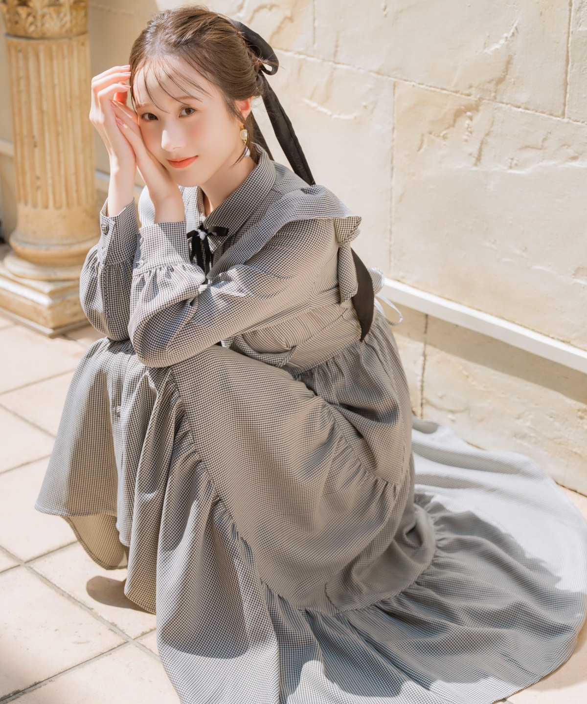 リボンタイティアードシャツワンピース