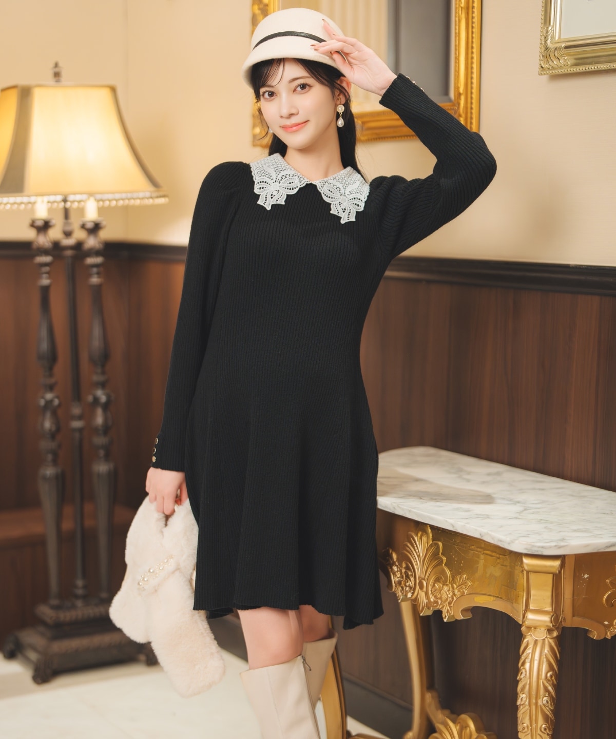 【12/5(fri)10時発売】リボンレースカラーニットワンピース