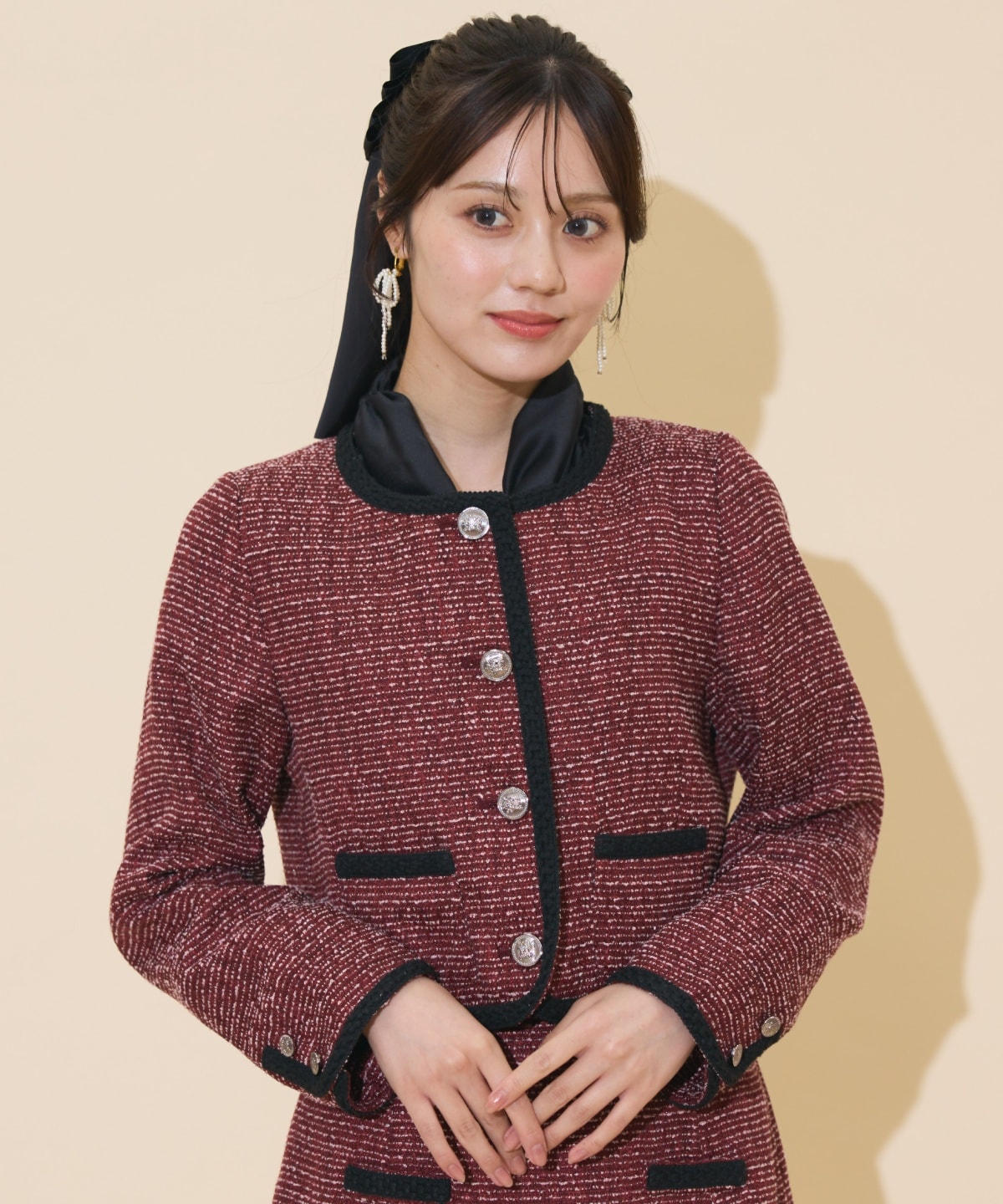 ブレードデザインノーカラーツイードジャケット