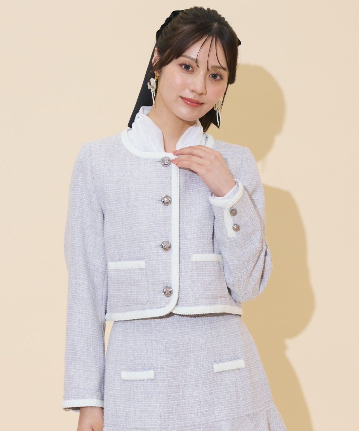 ブレードデザインノーカラーツイードジャケット