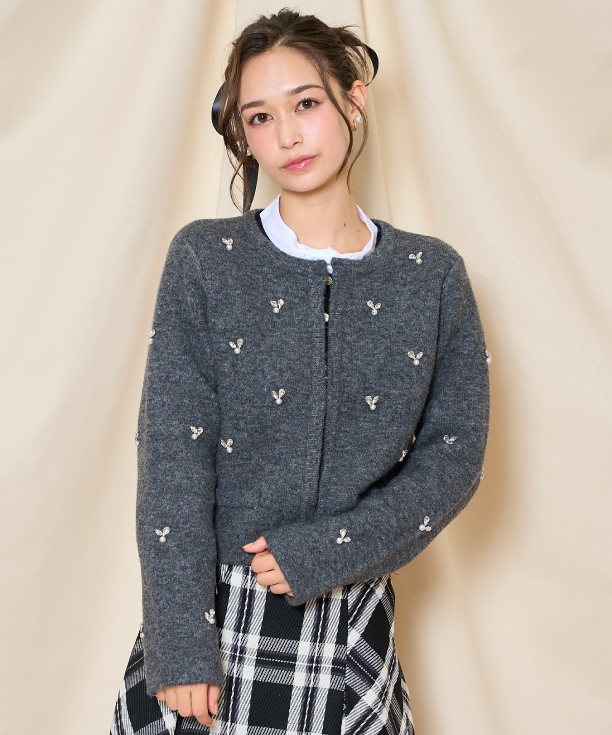 ノーカラービジューニットジャケット