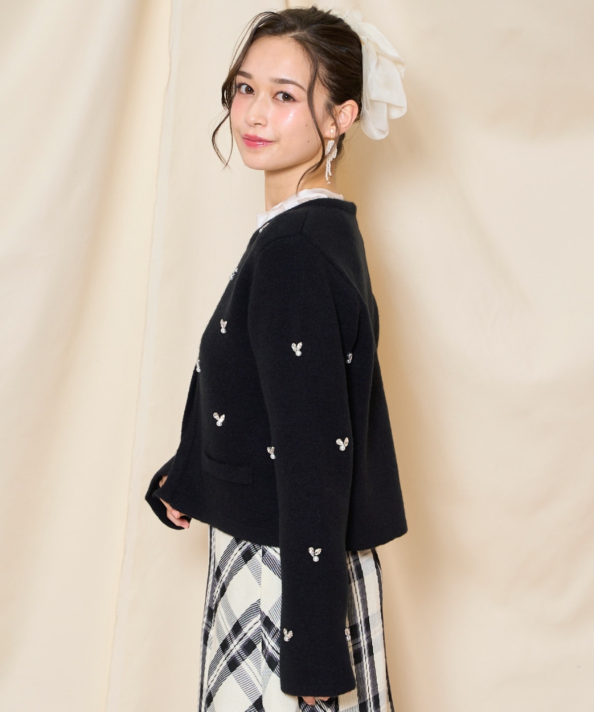 ノーカラービジューニットジャケット