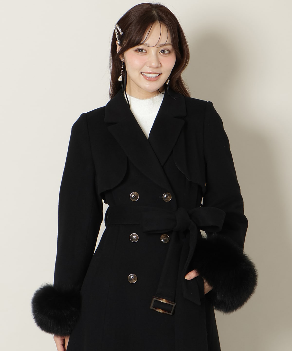 リアルファー付きウールフレアコート