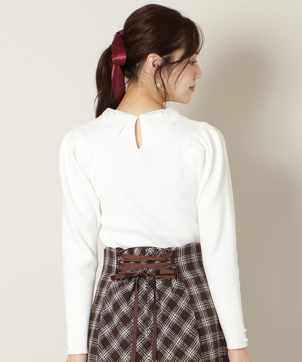 リボンレースカラータックスリーブニット