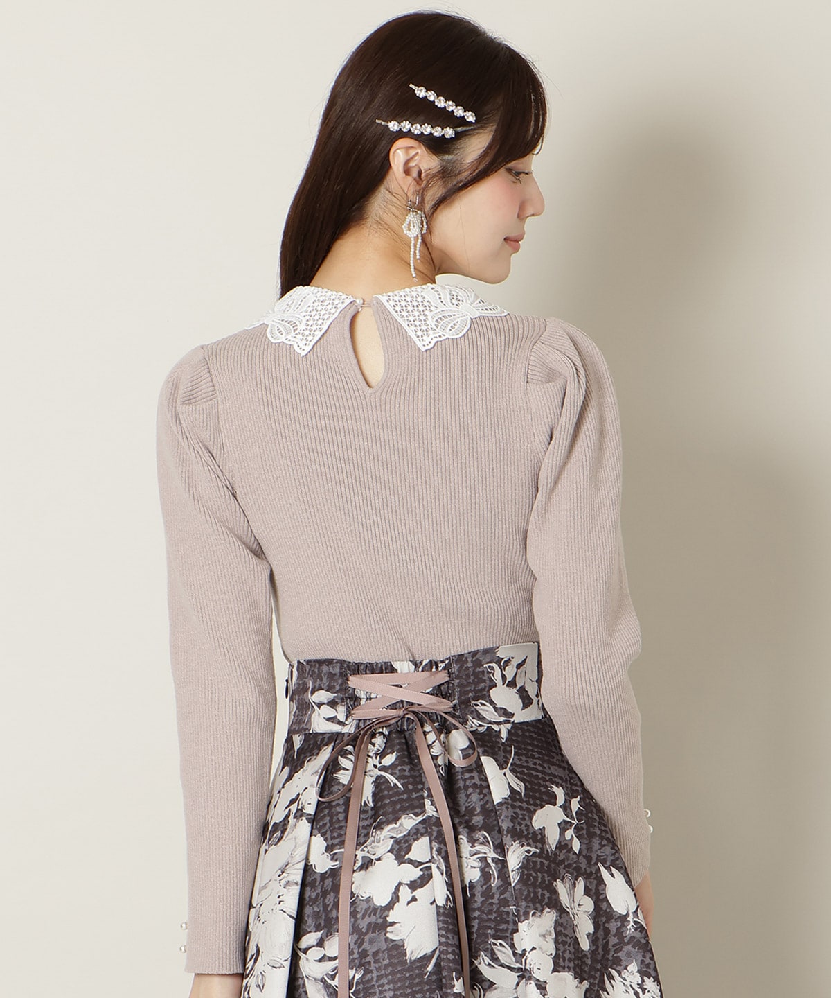 リボンレースカラータックスリーブニット