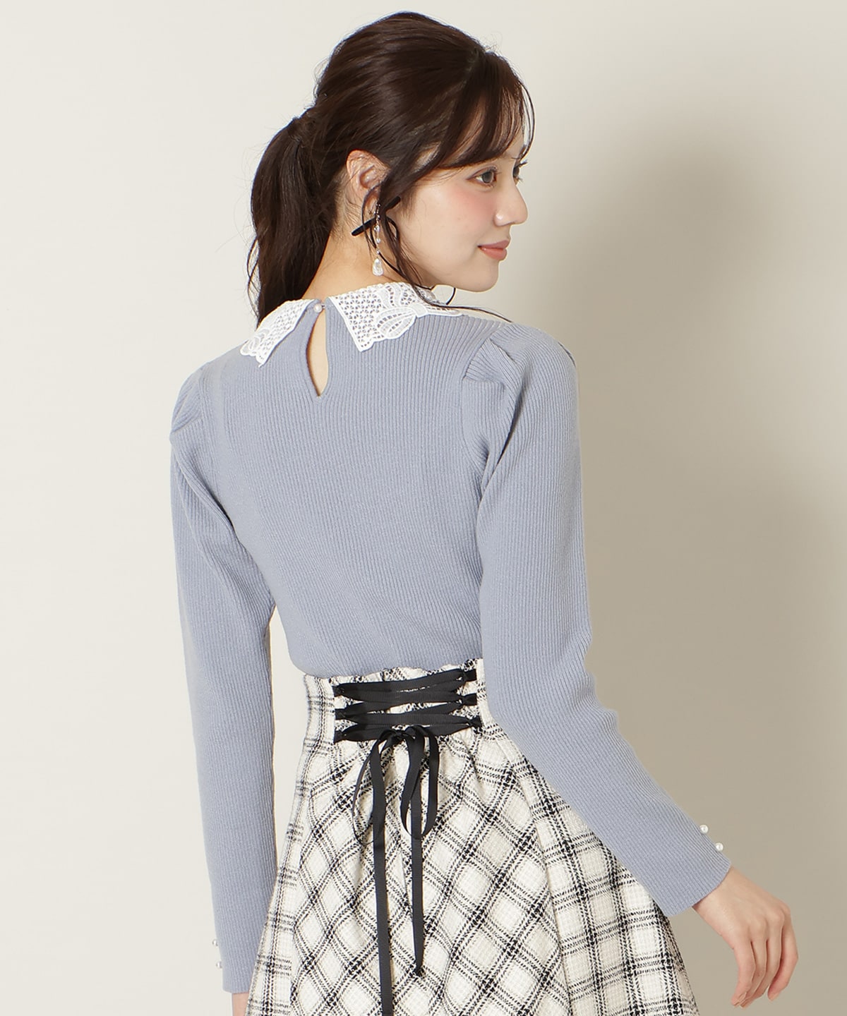 リボンレースカラータックスリーブニット