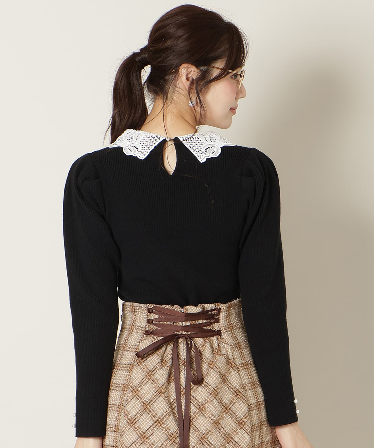 リボンレースカラータックスリーブニット