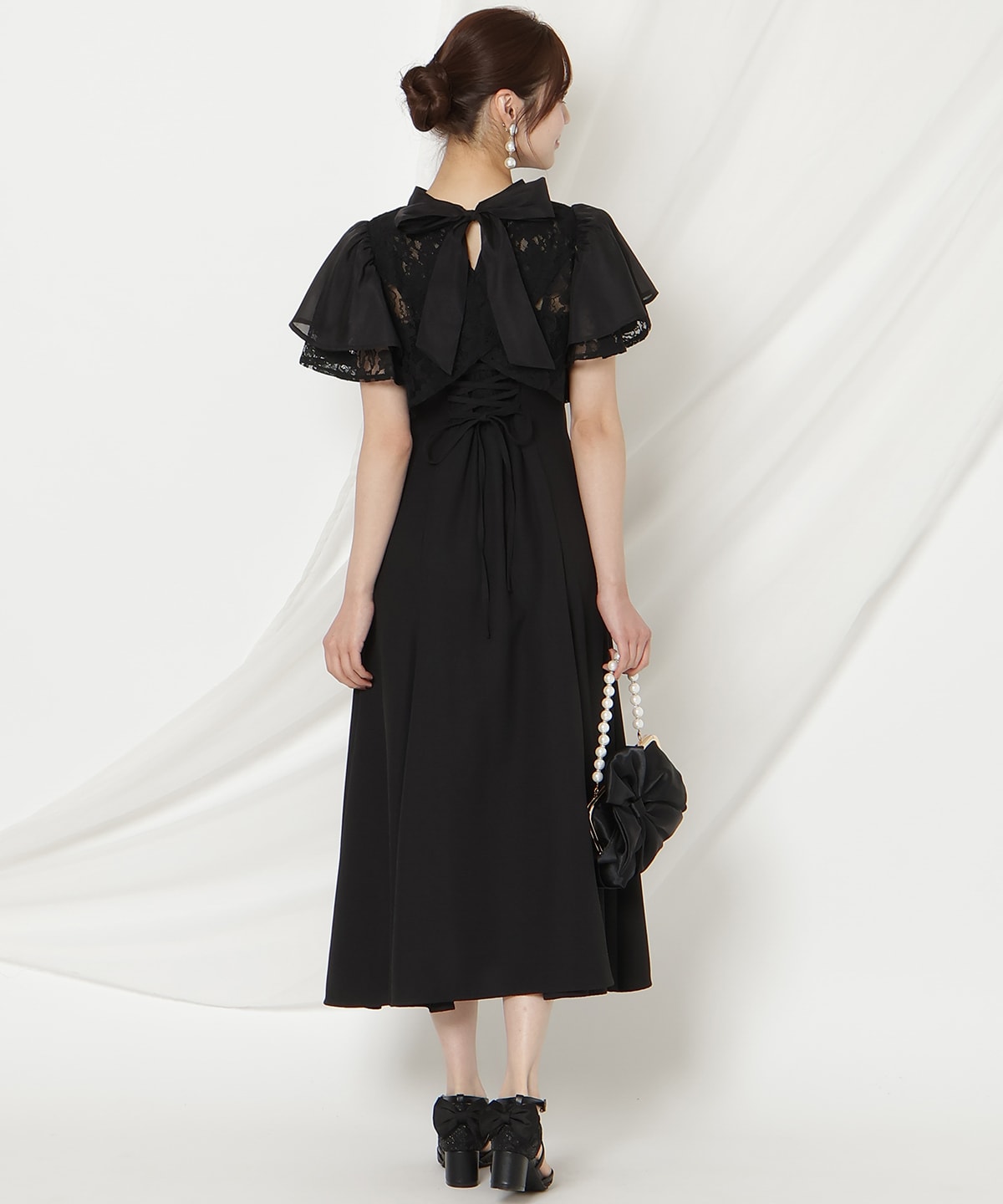 バックリボンシフォンレースブラウス×フレアロングキャミワンピース