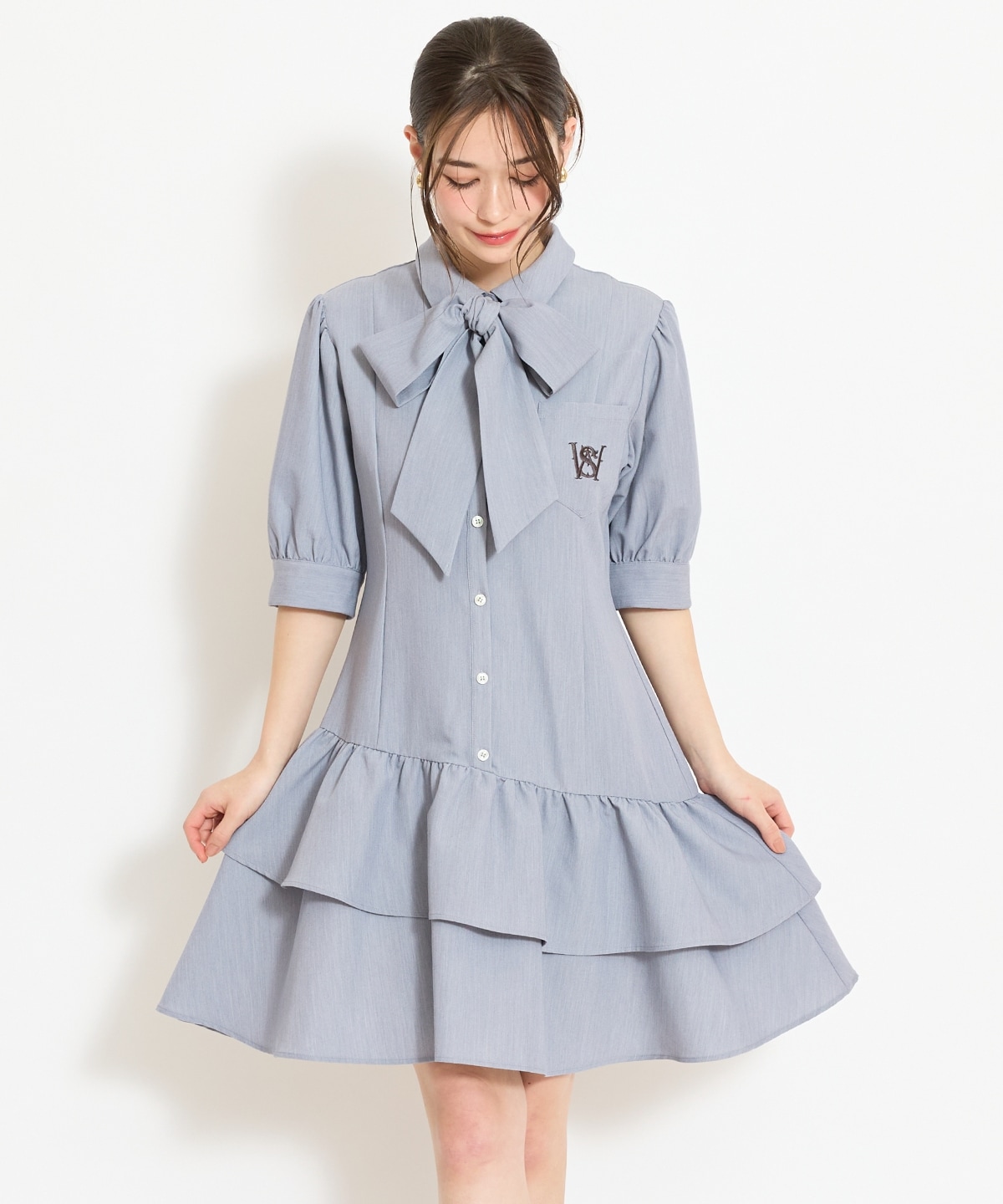 ティアードフリルリボンタイシャツワンピース