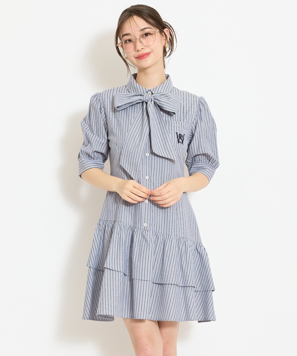 ティアードフリルリボンタイシャツワンピース