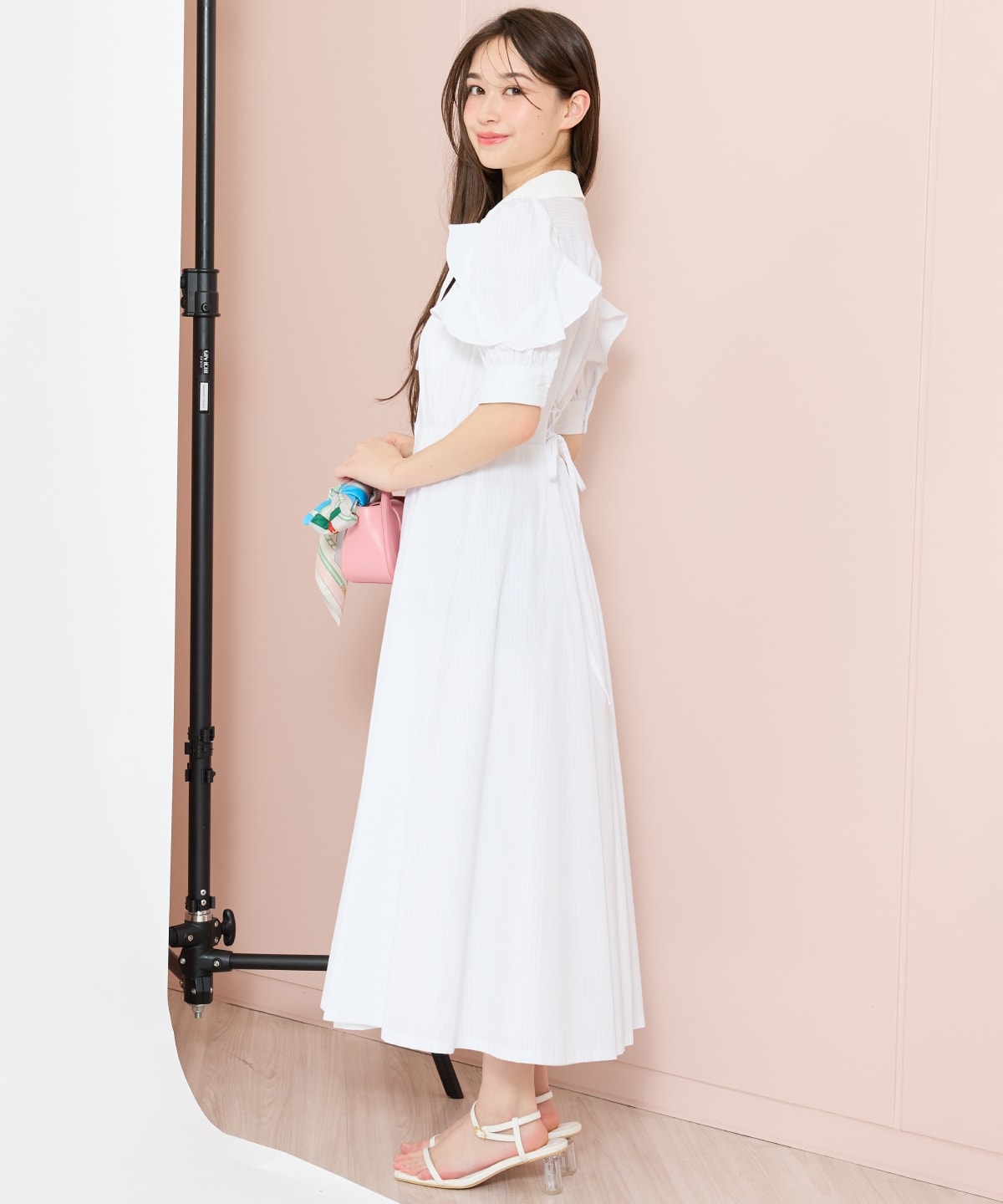 ラッフルパフスリーブシャツワンピース