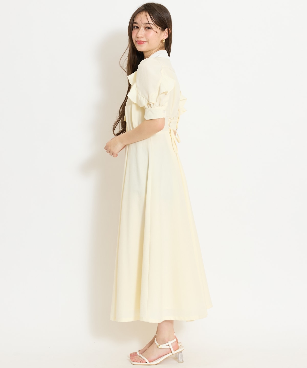 ラッフルパフスリーブシャツワンピース