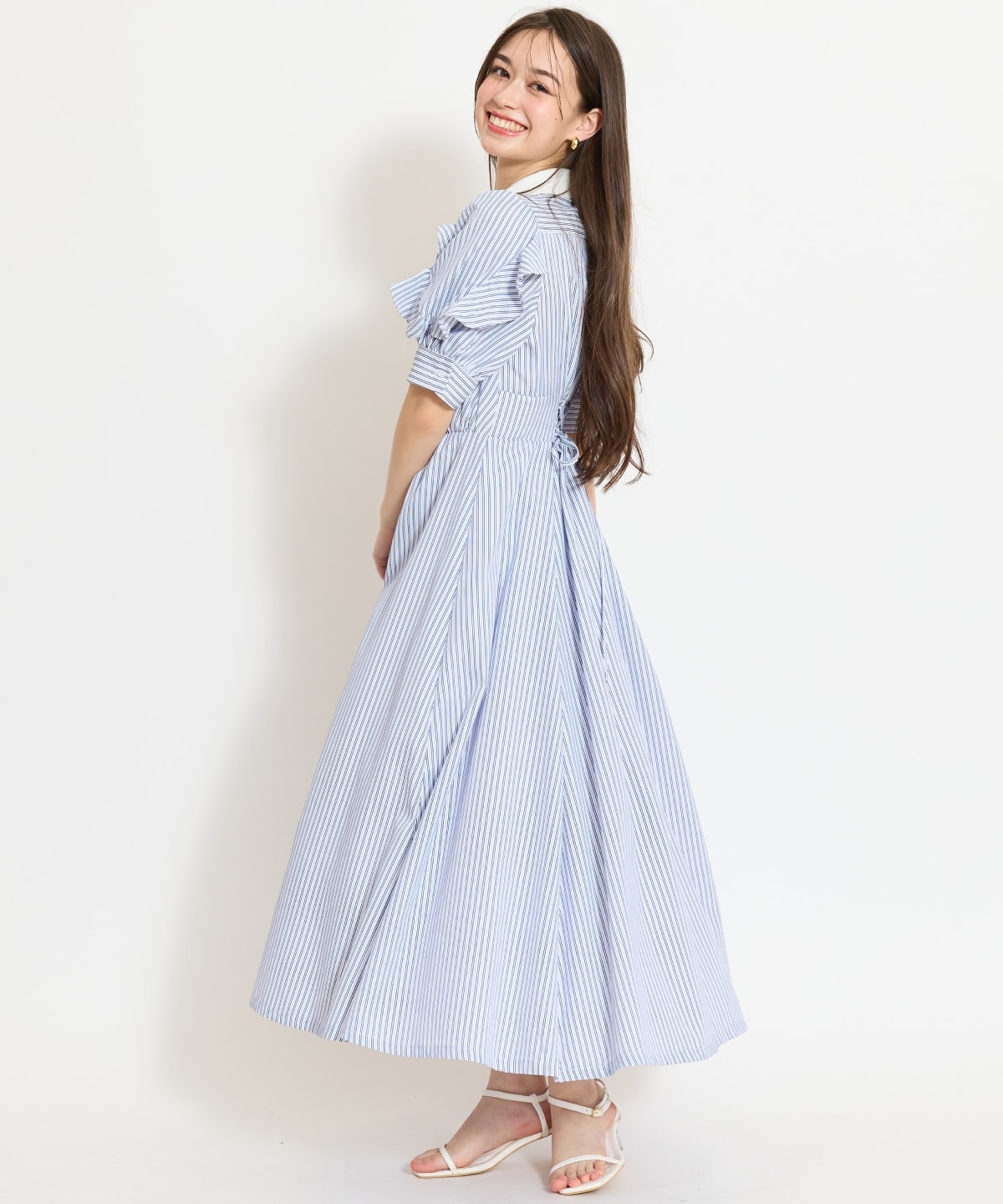 ラッフルパフスリーブシャツワンピース