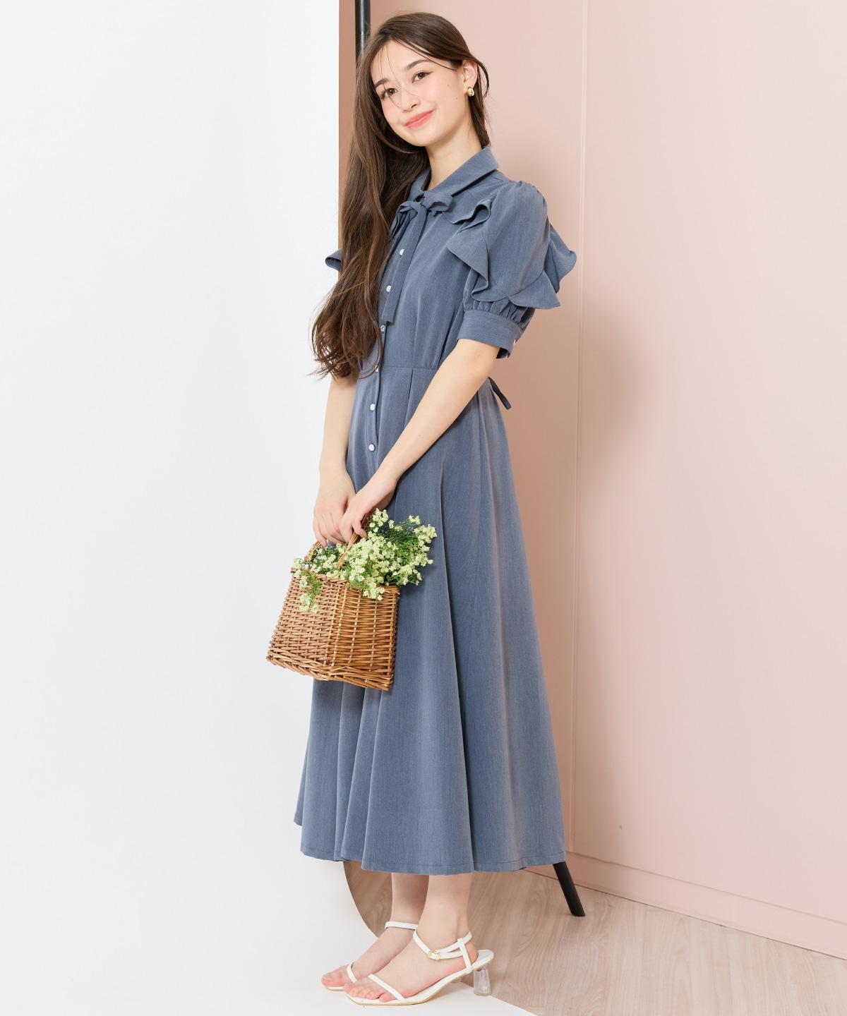 ラッフルパフスリーブシャツワンピース