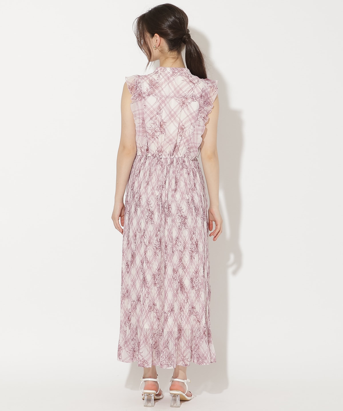 フラワーチェックプリントプリーツ切替ワンピース