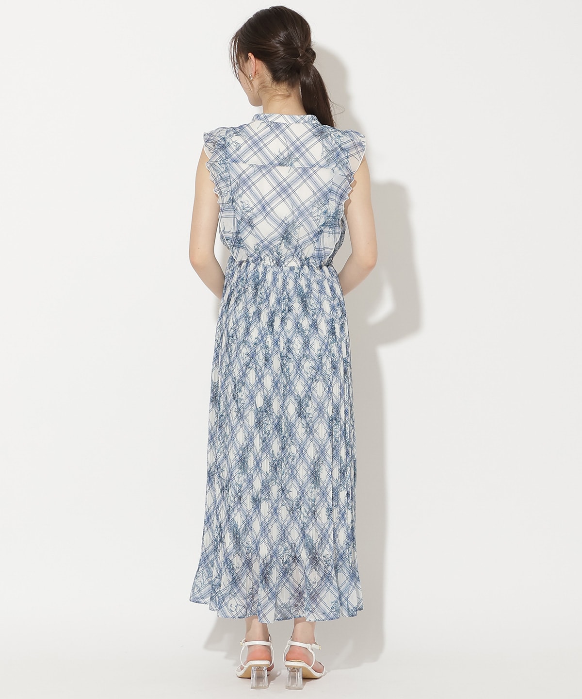 フラワーチェックプリントプリーツ切替ワンピース