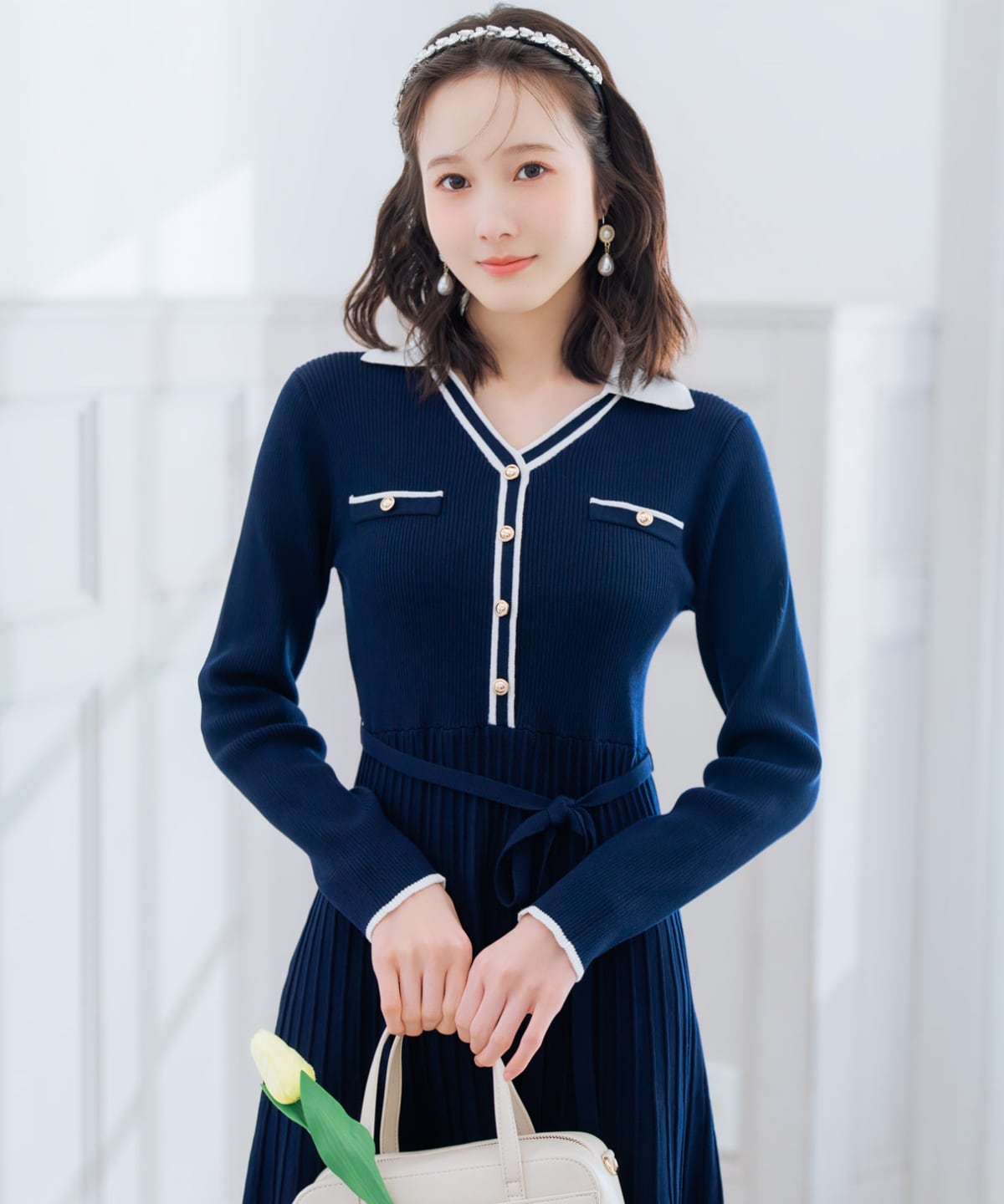 バイカラープリーツニットワンピース