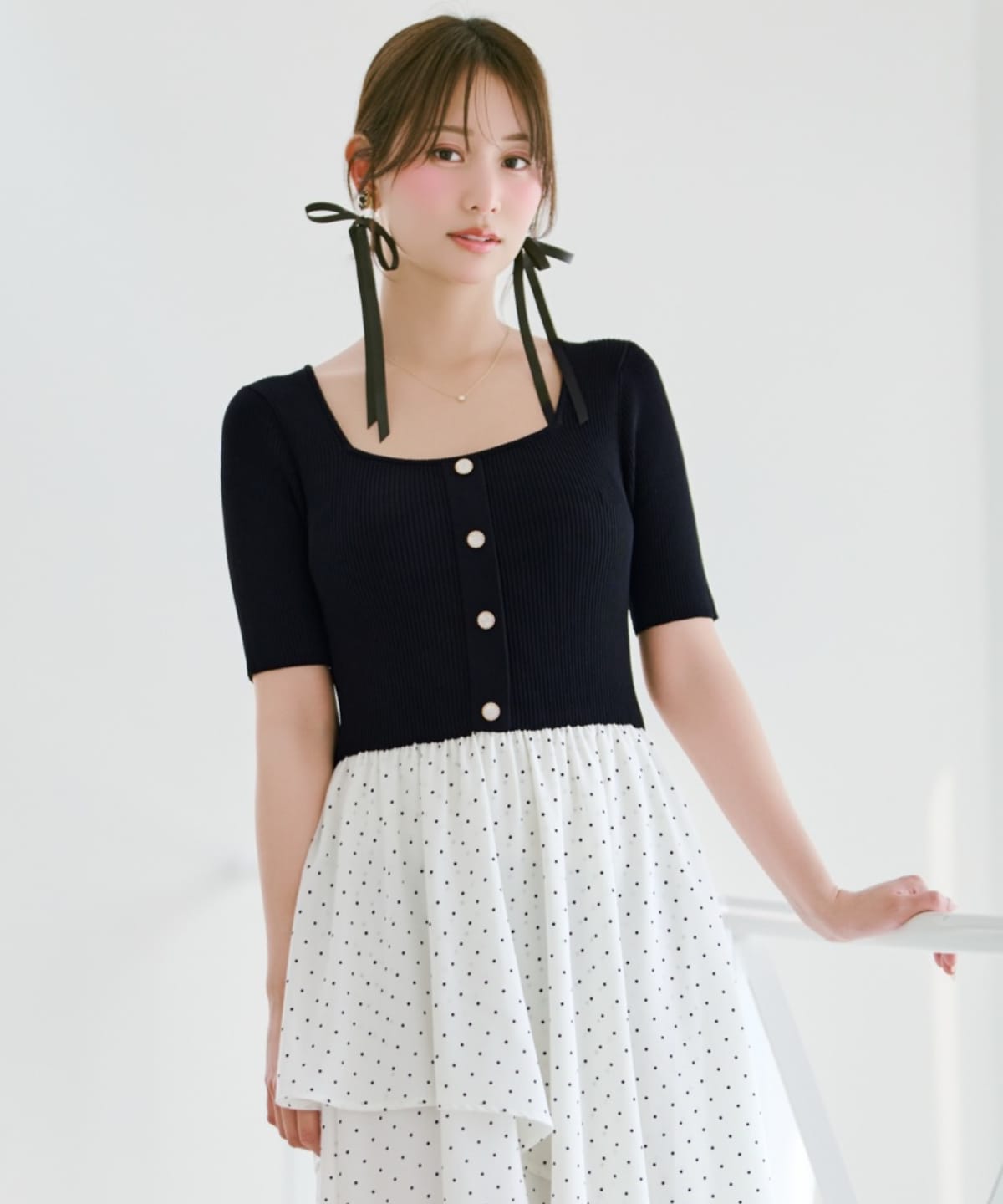 アシメティアードニットコンビワンピース