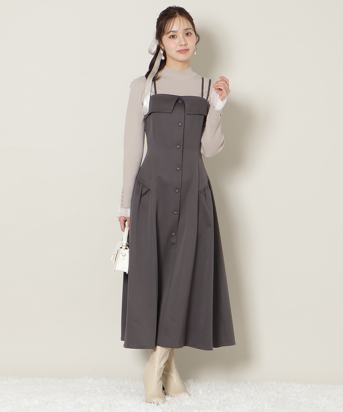 ギャザー切替ストラップキャミワンピース